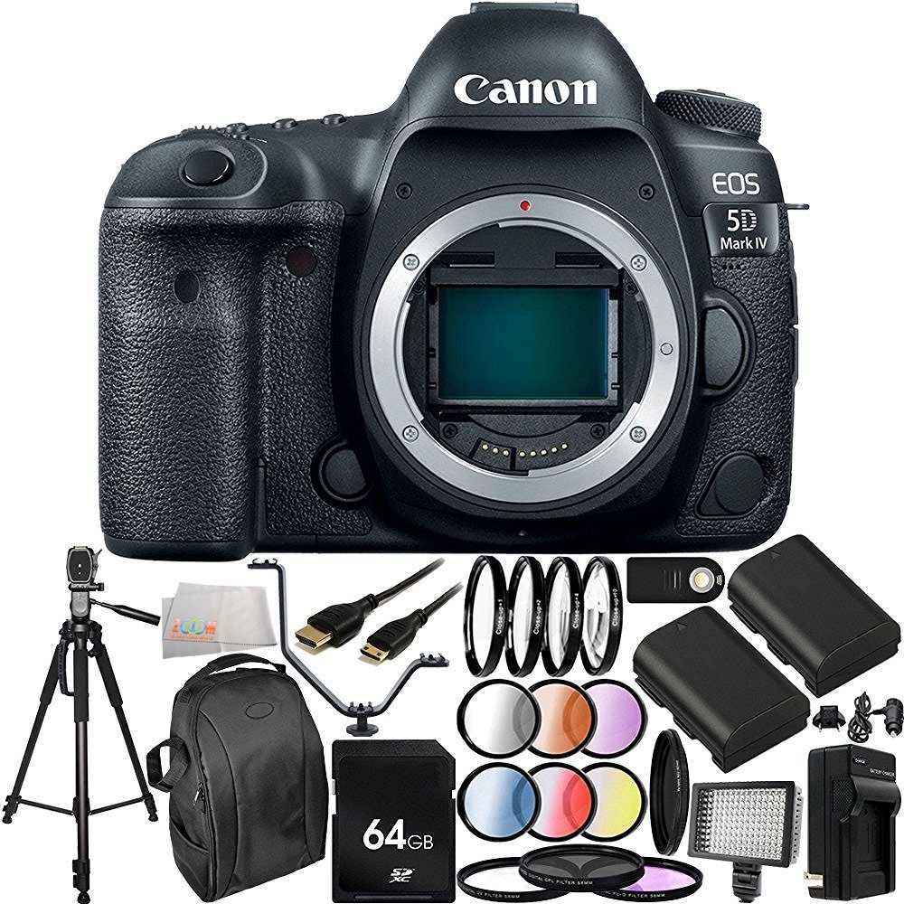 Canon EOS 5D Mark IV DSLR Camera (Body Only)64GB Bundle 27PC Accessory Kit Which Includes 64GB Memory Card + 2 Replacement LP-E6 Batteries + MORE