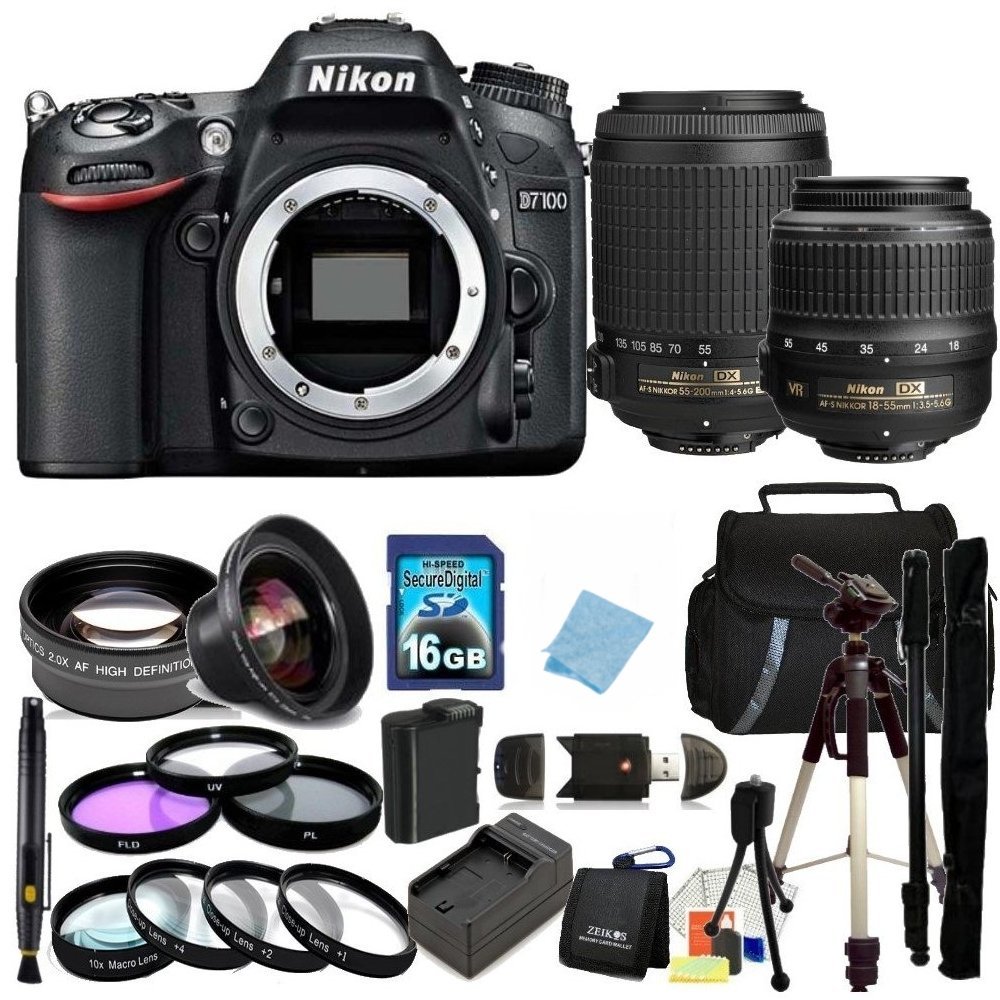 Nikon D7100 DSLR Camera w/Nikon 18-55mm VR & 55-200 AF-S DX Nikkor Lens. Includes Wide Angle Lens + MORE