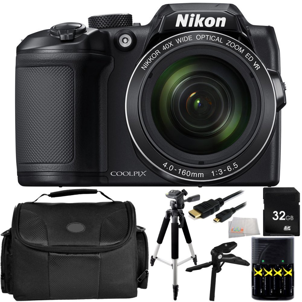 Nikon COOLPIX B500 Digital Camera (Black) 32GB 6PC Bundle Includes 32GB Memory Card + AA Batteries and Charger + Micro HDMI Cable + 57 Inch Tripod + Pistol Grip/Tabletop Tripod + Carrying Case + Microfiber Cleaning Cloth
