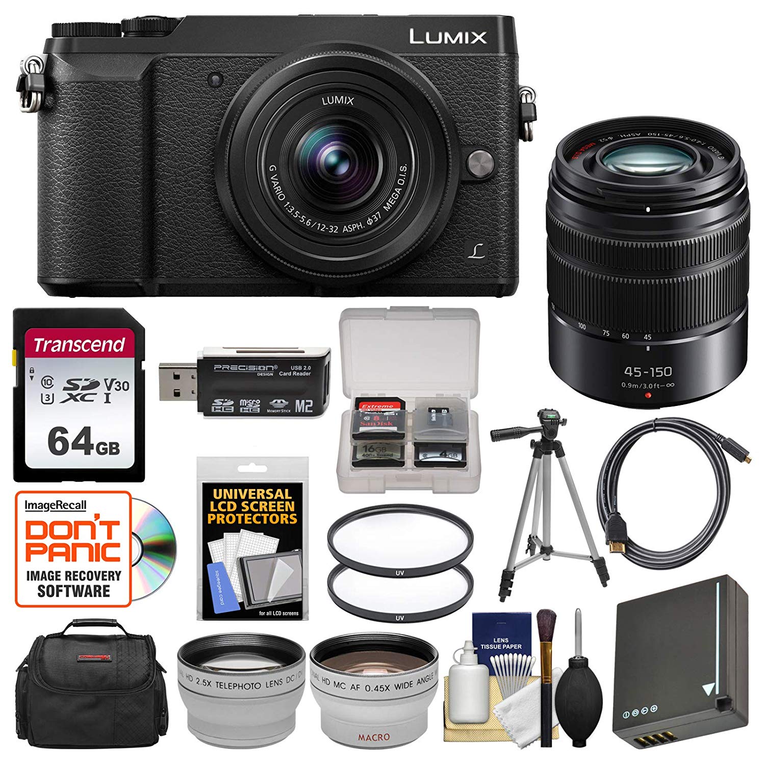 Panasonic Lumix DMC-GX85 4K Wi-Fi Digital Camera & 12-32mm Lens (Silver) with 64GB Card + Case + Battery & Charger + Tripod + Tele/Wide Lens Kit