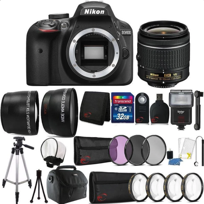 Nikon D3400 Digital SLR Camera Black (24.2MP) with Nikon AF-P DX NIKKOR 18-55mm f/3.5-5.6G Lens + Nikon 70-300mm Lens + 19PC Bundle 32GB Accessory Kit