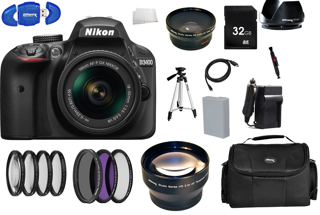 Nikon D3400 Digital SLR Camera with Nikon AF-P DX NIKKOR 18-55mm f/3.5-5.6G Lens - Black (24.2MP) + 19PC Bundle 32GB Accessory Kit. Includes: High Definition Wide Angle & Telephoto Lenses + 3 Piece Filter Kit (UV-CPL- FLD) + 4 Piece Macro Filter Set (+1, +2, +4, +10) + More!