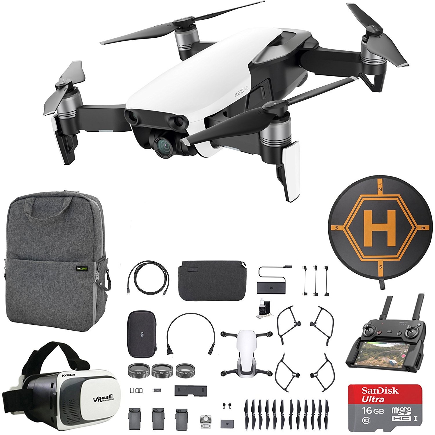 DJI Mavic Air Fly More Combo (Arctic White) Drone Combo 4K Wi-Fi Quadcopter with Remote Controller Mobile Go Bundle with Backpack VR Goggles Landing Pad 16GB microSDHC Card HD Filter Kit 