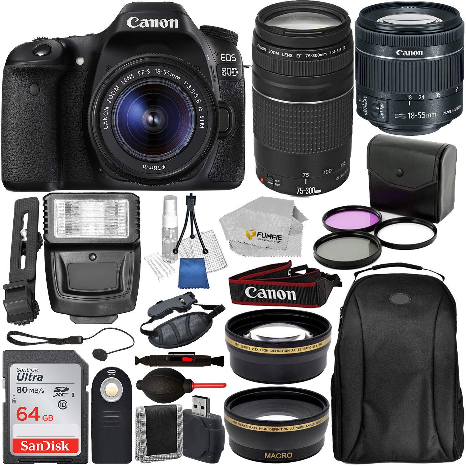 Canon EOS 80D Digital SLR Camera with EF-S 18-55mm IS STM and EF 75-300mm Lens (Black) 19PC Professional Bundle