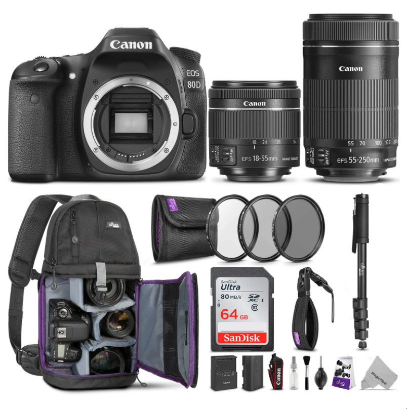 Canon EOS 80D Digital SLR Camera with EF-S 18-55mm IS STM and EF-S 55-250mm IS STM Lens (Black) 19PC Professional Bundle