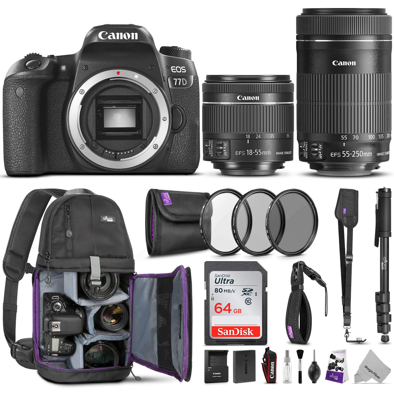 Canon EOS 77D Digital SLR Camera with EF-S 18-55mm IS STM and EF-S 55-250mm IS STM Lens (Black) 19PC Professional Bundle