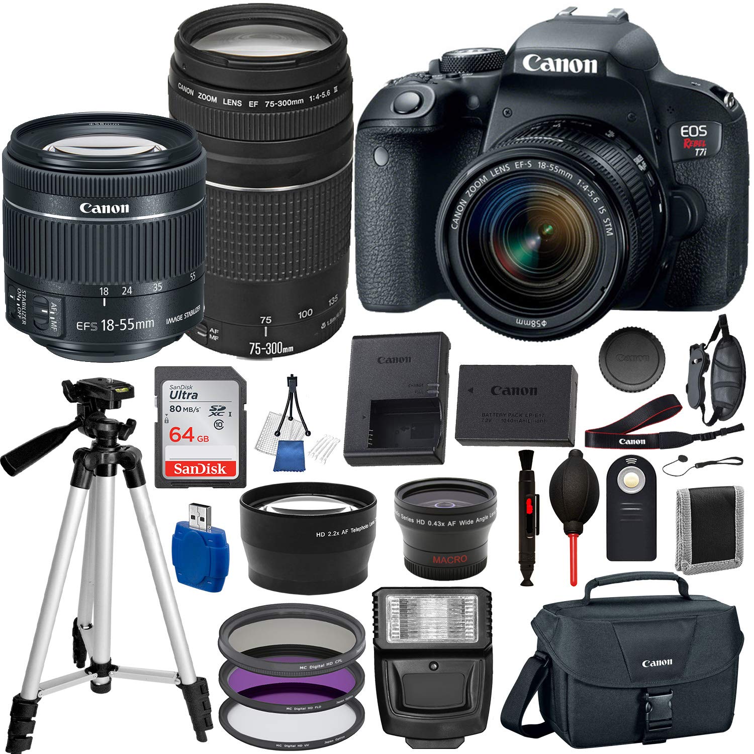 Canon EOS Rebel T7i/800D Digital SLR Camera with EF-S 18-55mm IS STM and EF 75-300mm Lens (Black) 19PC Professional Bundle