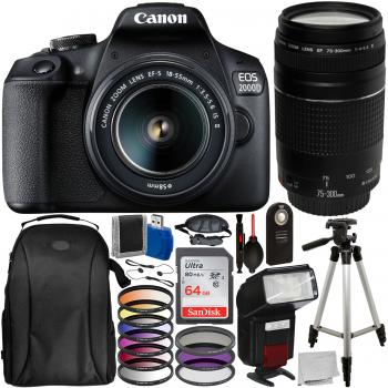 Canon EOS 2000D DSLR Camera with 18-55mm Lens, 75-300mm Lens and Accessory Bundle