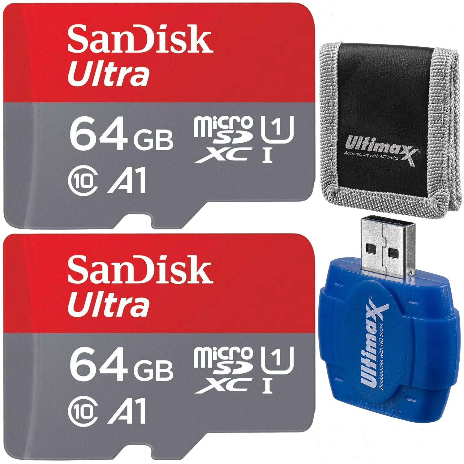 Dual SanDisk Ultra 64GB microSDXC UHS-I/Class-10 Memory Cards (2 Cards) Bundle with High Speed Memory Card Reader & Memory Card Wallet