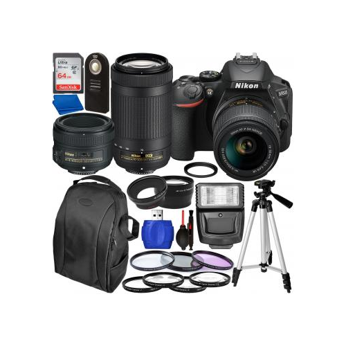 Nikon D5600 DSLR Camera with 18-55mm, 70-300mm, & 50mm Nikon Lenses and Accessory Bundle – Includes: SanDisk Ultra 64GB SDXC Memory Card + Slave Flash + 3PC Filter Set + 4PC Macro Lens Set + MORE