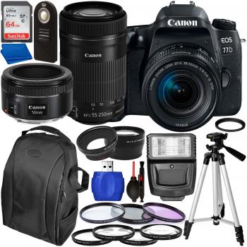 Canon EOS 77D DSLR Camera with 18-55mm, 55-250mm, & 50mm Canon Lenses & Accessory Bundle