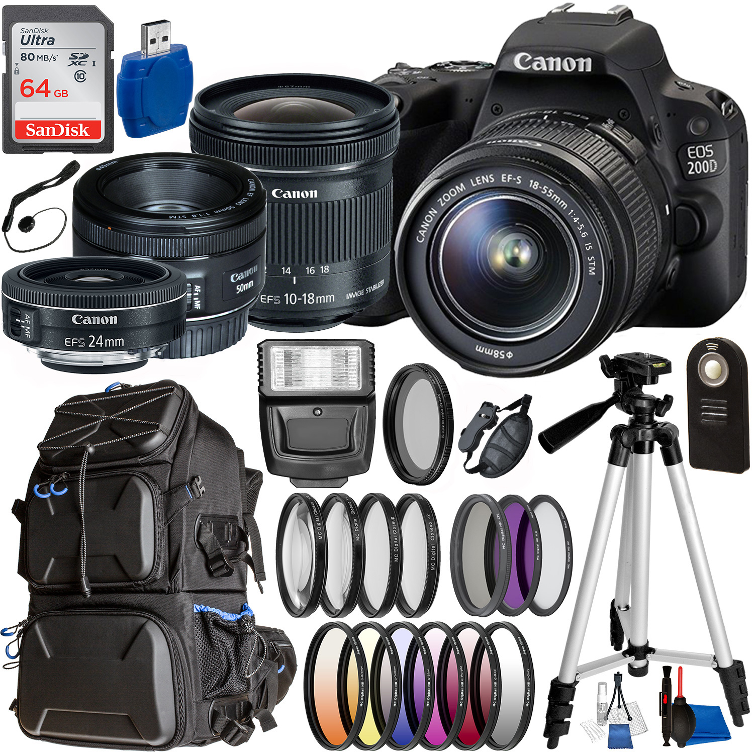 Canon EOS 200D / Rebel SL2 DSLR Camera with 18-55mm, 10-18mm, 24mm, & 50mm Canon Lenses & Essential Accessory Bundle