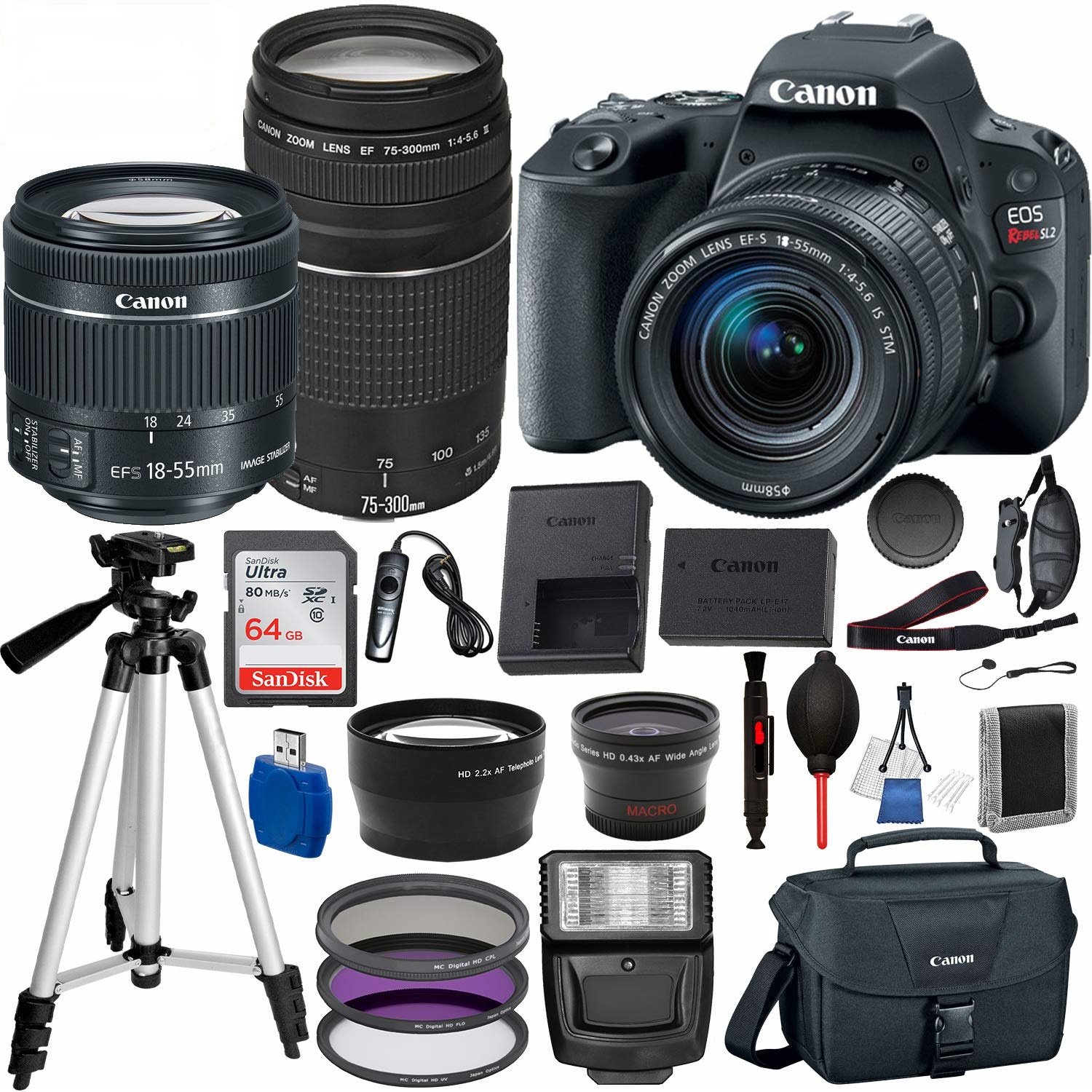 Canon EOS Rebel SL2 DSLR Camera, EF-S 18-55mm STM, Canon EF 75-300mm Telephoto Lens USA (Black) 19PC Professional Bundle Package Deal