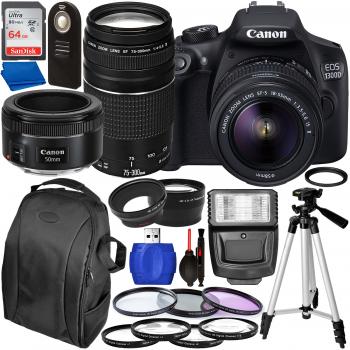 Canon EOS 1300D DSLR Camera with 18-55mm, 75-300mm, & 50mm Canon Lenses & Accessory Bundle