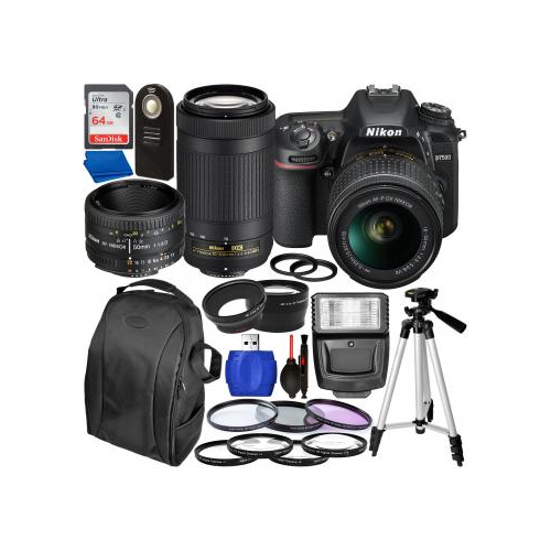 Nikon D7500 DSLR Camera with 18-55mm, 70-300mm, & 50mm Nikon Lenses and Accessory Bundle