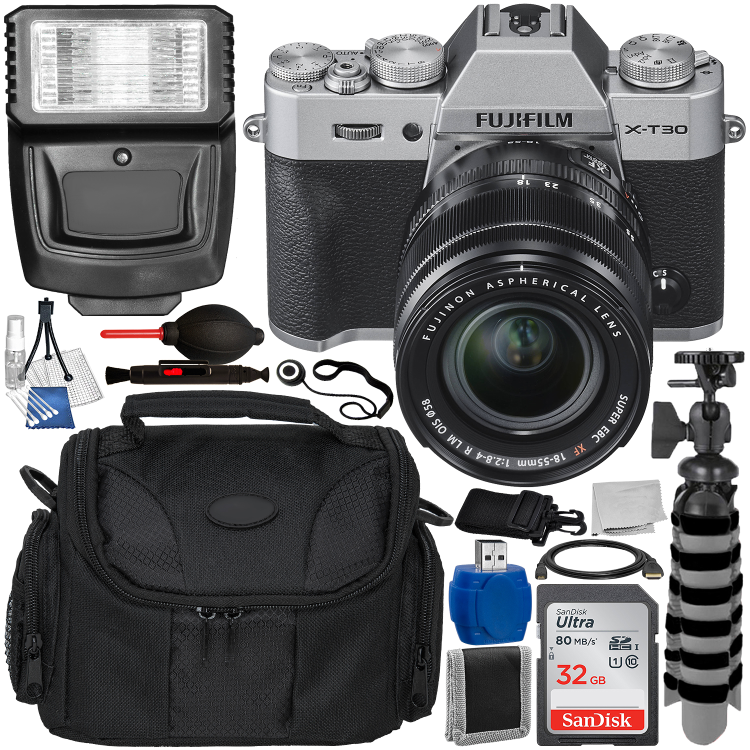 FUJIFILM X-T30 Mirrorless Digital Camera with 18-55mm Lens (Silver) and Accessory Bundle