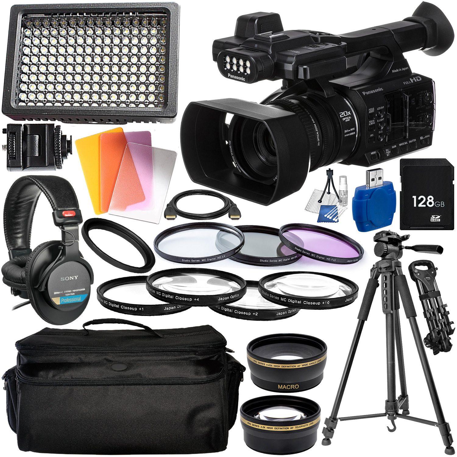 Panasonic AG-AC30 Full HD Camcorder with Built-In LED Light & Essential Accessory Bundle