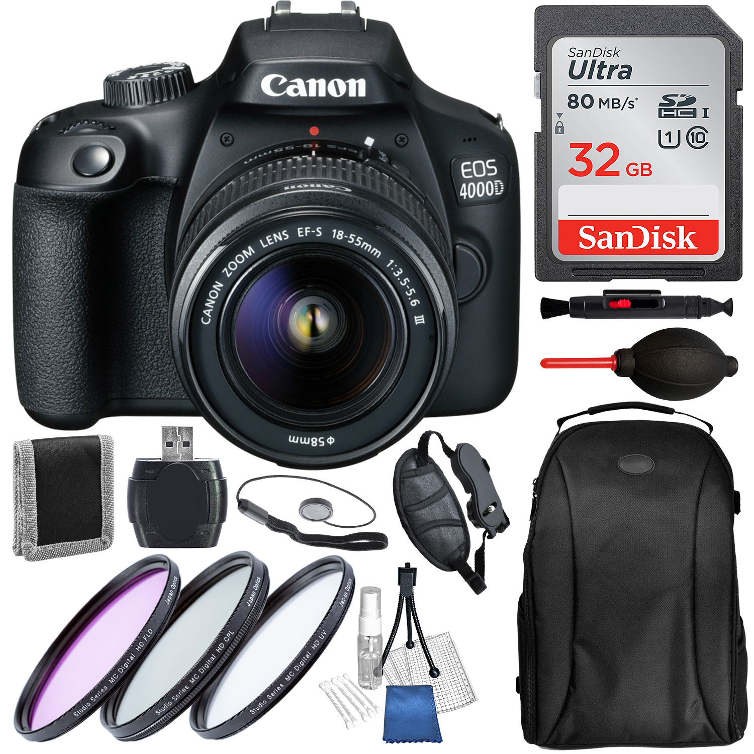 Canon EOS 4000D with EF-S 18-55mm f/3.5-5.6 III and Accessory Bundle