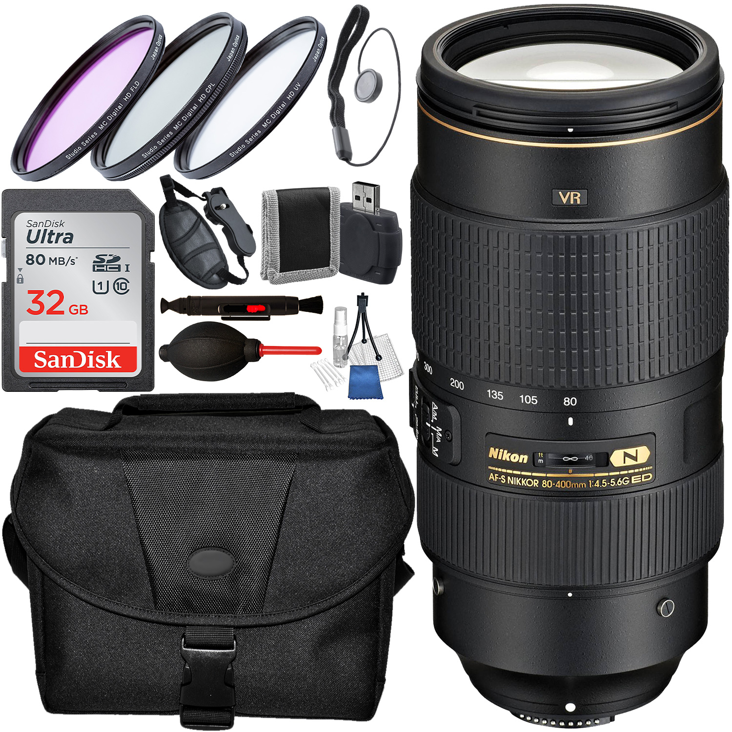 Nikon AF-S NIKKOR 80-400mm f/4.5-5.6G ED VR Lens - 2208 with Accessory Bundle