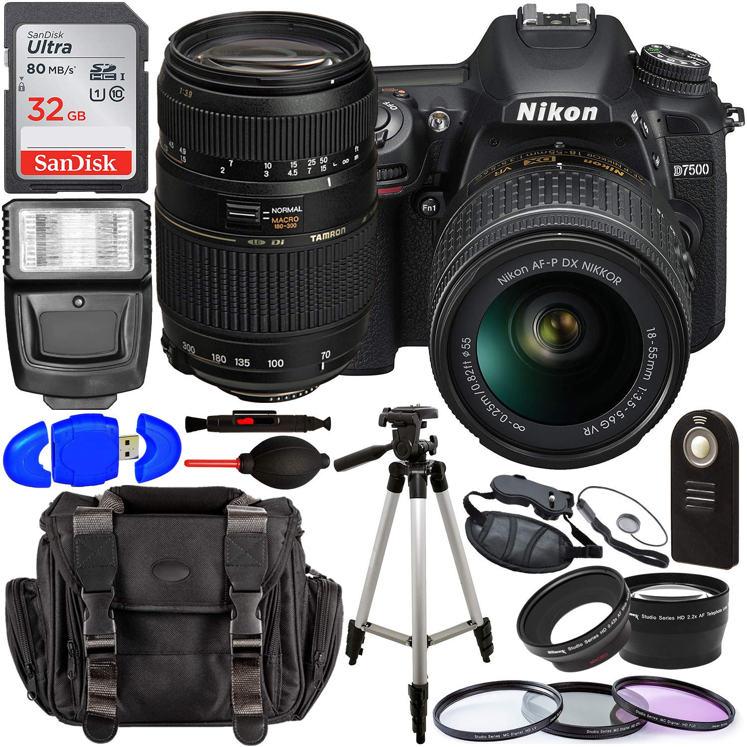 Nikon D7500 DSLR Camera with 18-55mm Lens (Black) â?? 1581 with Tamron 70-300mm Lens for Nikon AF - AF017NII-700 and Accessory Bundle