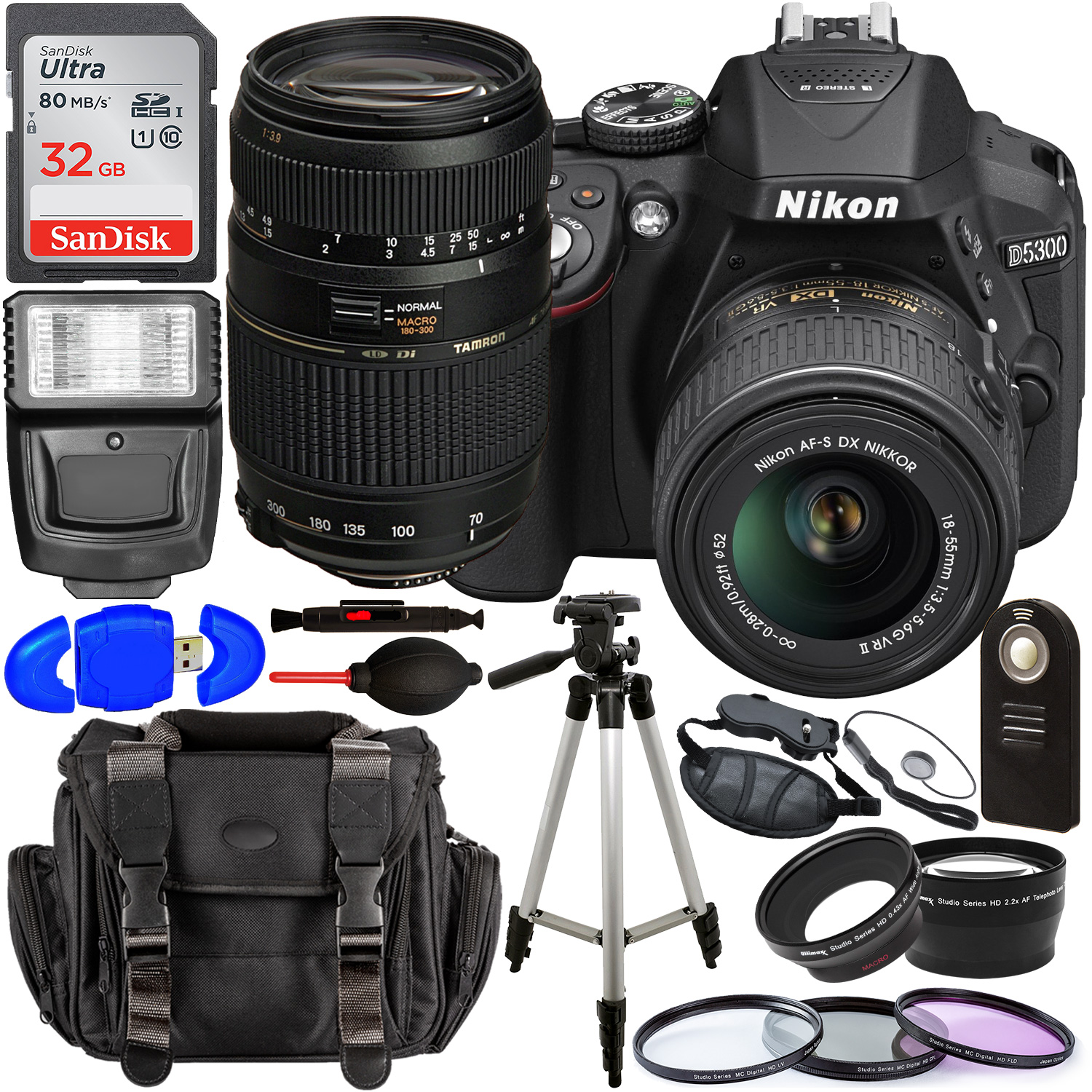 Nikon D5300 DSLR Camera with 18-55mm Lens (Black) â?? 1531 with Tamron 70-300mm Lens for Nikon AF - AF017NII-700 and Accessory Bundle