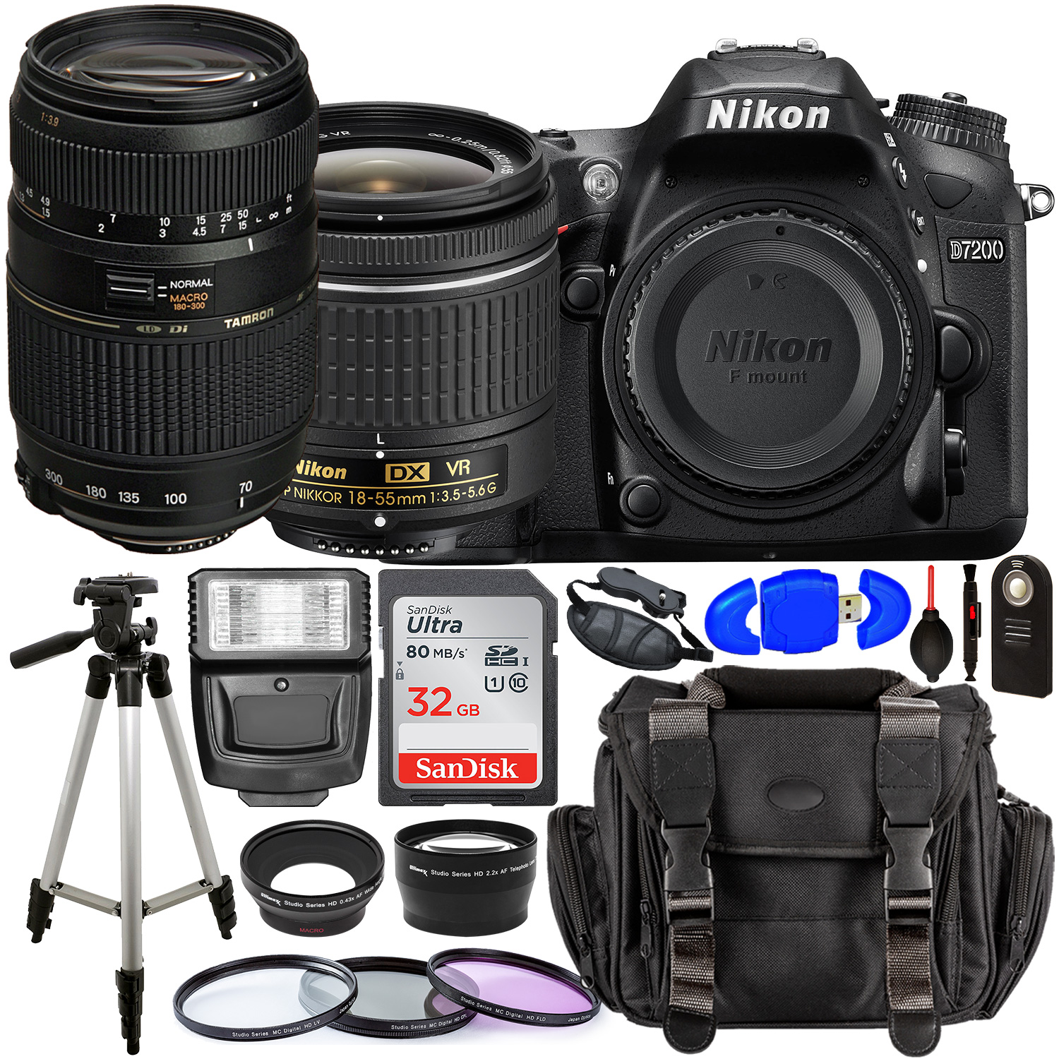 Nikon D7200 DSLR Camera with 18-55mm Lens (Black) â?? 1555 with Tamron 70-300mm Lens for Nikon AF - AF017NII-700 and Accessory Bundle