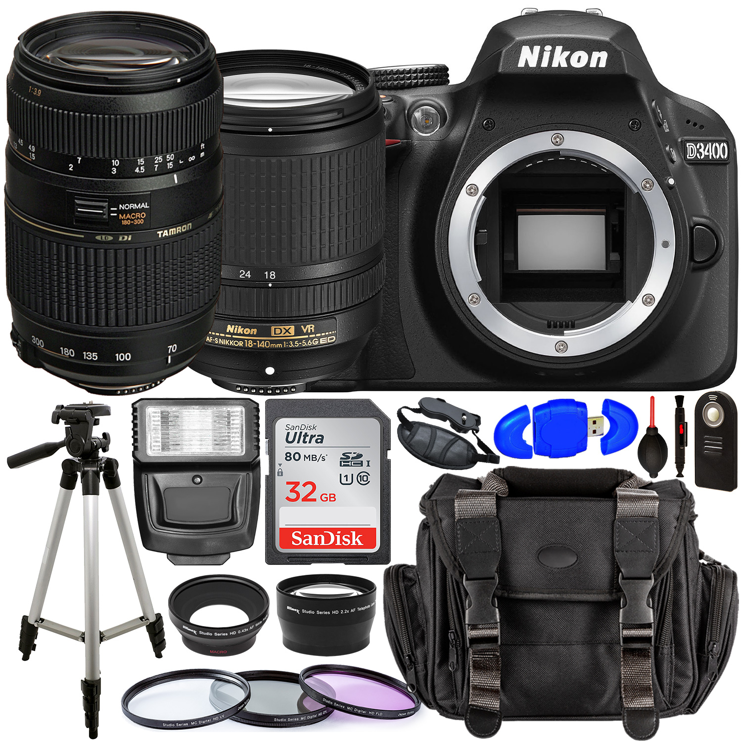 Nikon D3400 DSLR Camera with 18-140mm Lens (Black) â?? 1571 with Tamron 70-300mm Lens for Nikon AF - AF017NII-700 and Accessory Bundle