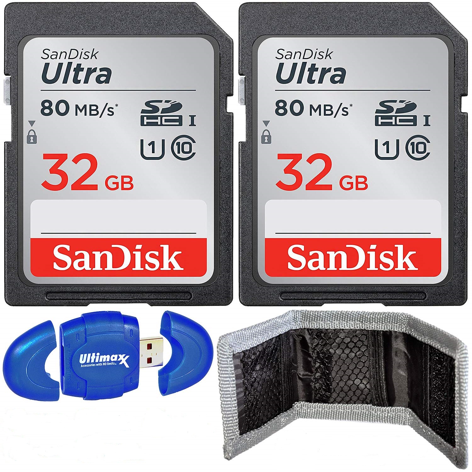 Dual SanDisk Ultra 32GB SDHC UHS-I/Class-10 Memory Cards (2 Cards) Bundle with High Speed Memory Card Reader & Memory Card Wallet