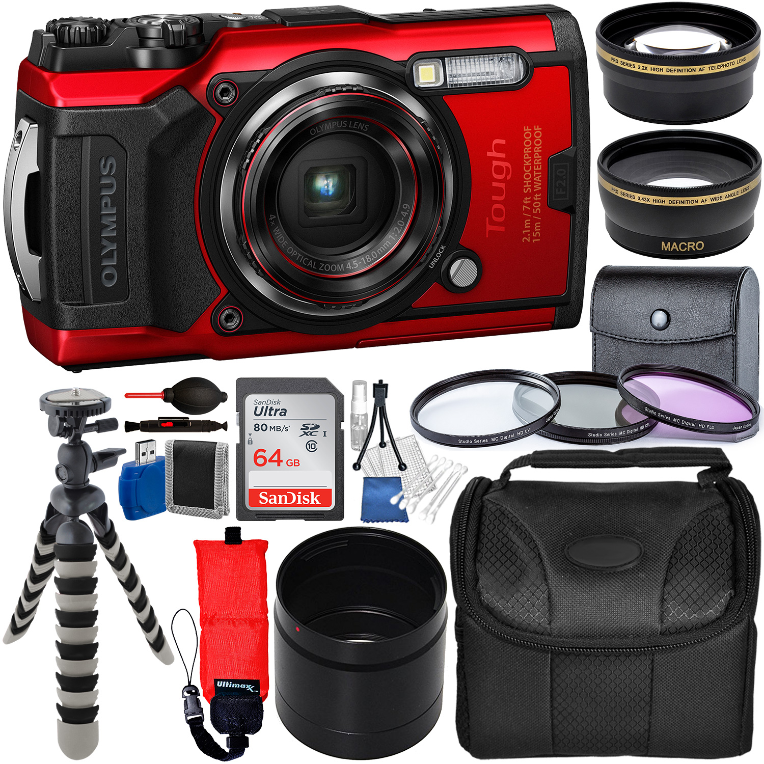Olympus Tough TG-6 Digital Camera (Red) - V104210RU000 with Deluxe Accessory Bundle