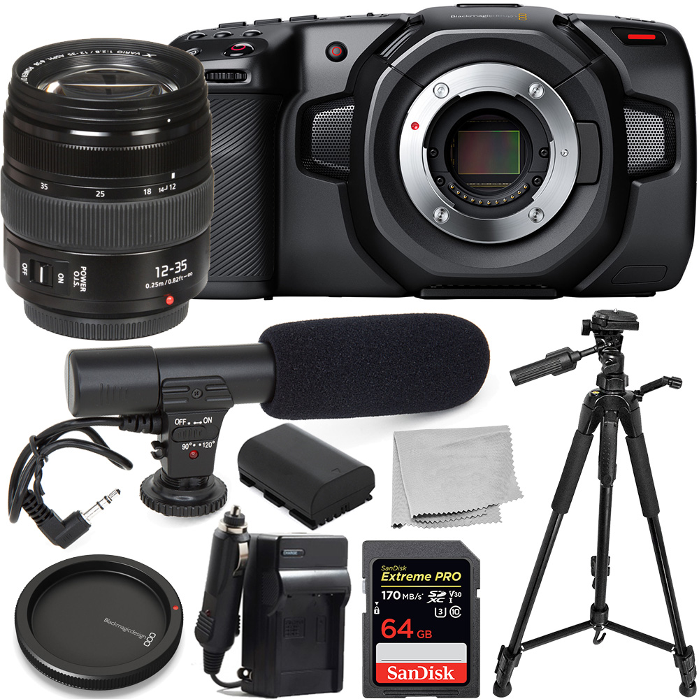 Image of Blackmagic Design Pocket Cinema Camera 4K - CINECAMPOCHDMFT4K with Panasonic Lumix G X Vario 12-35mm Lens - H-HSA12035 and Essential Bundle