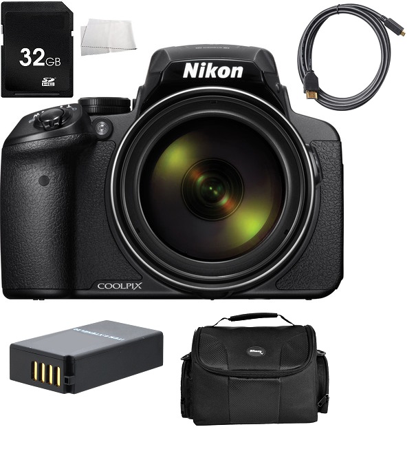 Nikon COOLPIX P900 Digital Camera (Black) 32GB Bundle 6PC Accessory Kit. Includes 32GB Memory Card + 2  Replacement Batteries + Carrying Case + Micro HDMI Cable + Microfiber Cleaning Cloth