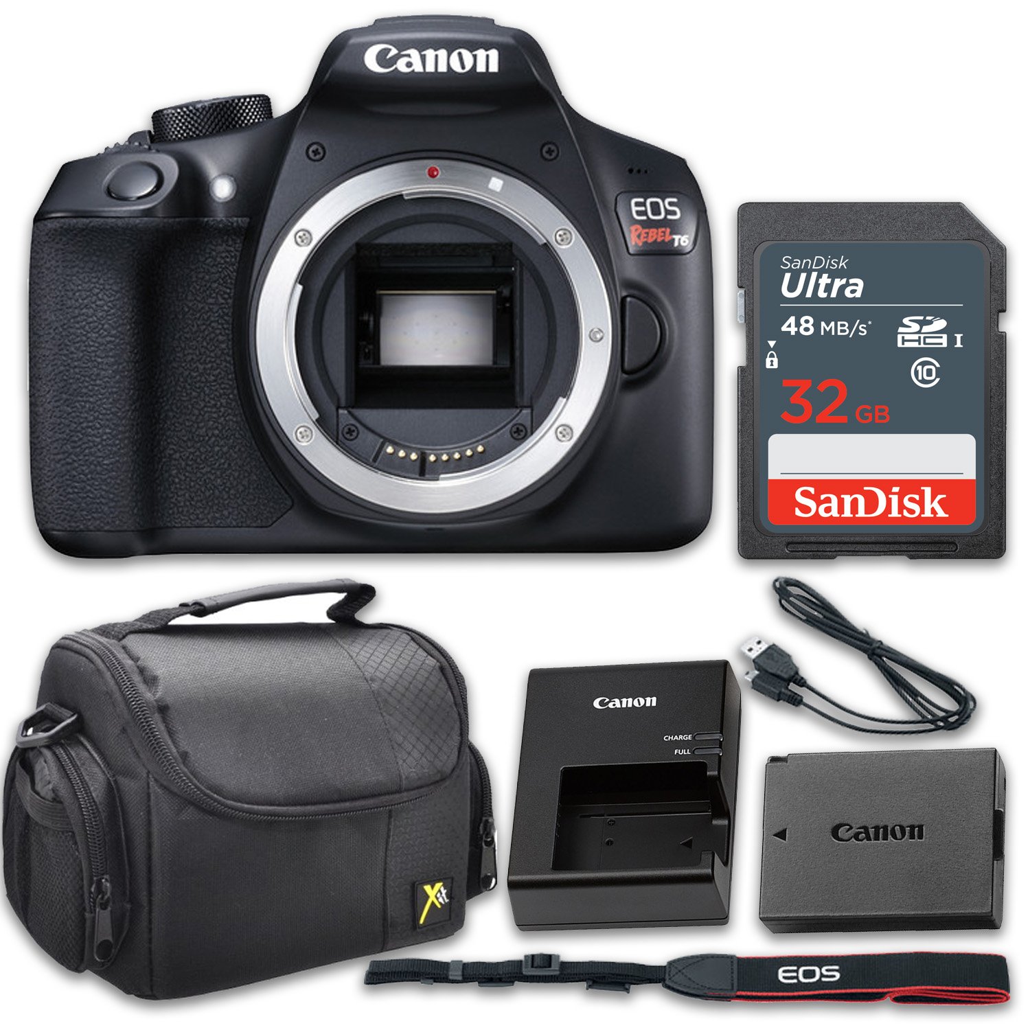 Canon EOS Rebel T6 DSLR Camera with 32GB Memory Card and Gadget Bag