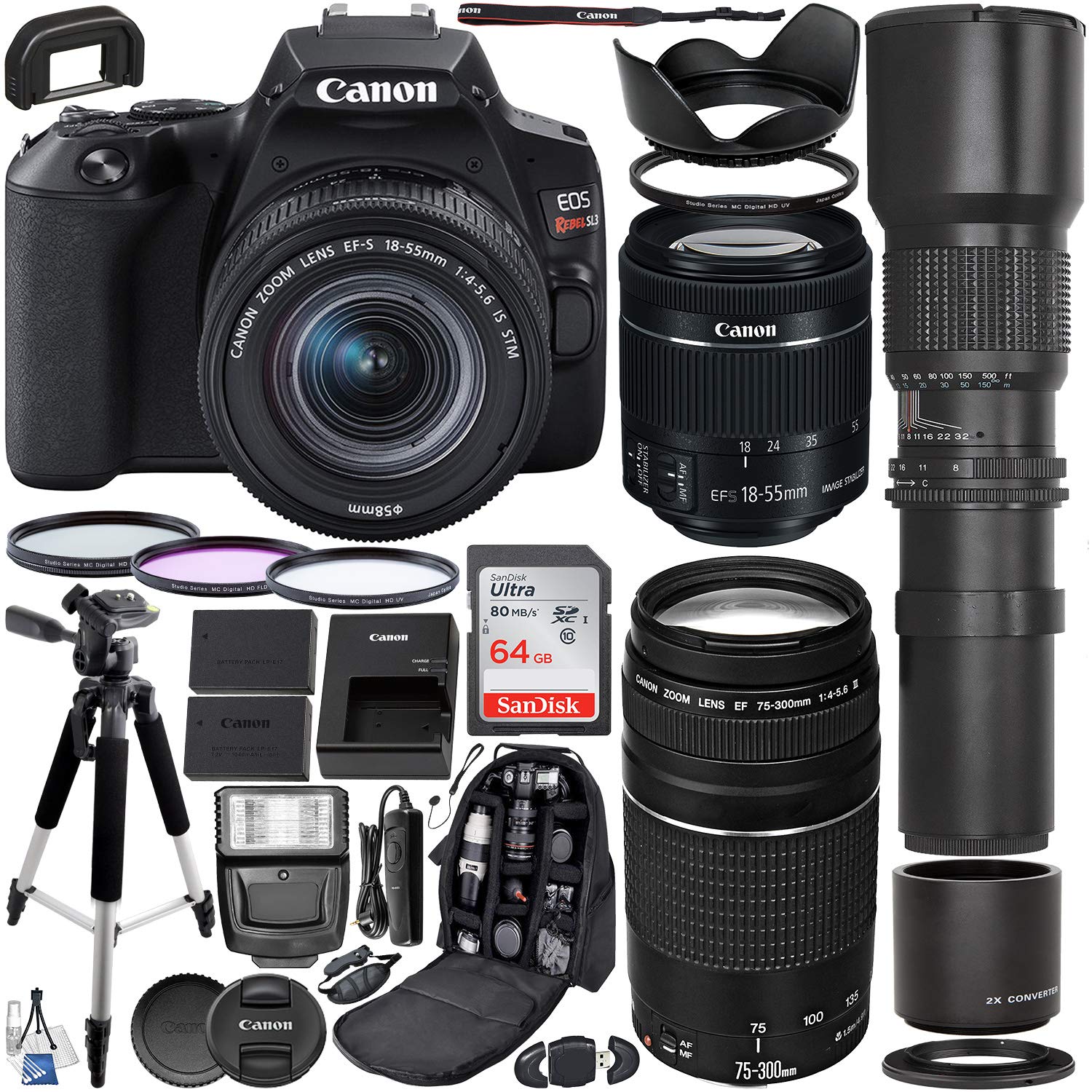 Canon EOS Rebel SL3 DSLR Camera with 18-55mm Lens - 3453C002 and 75-300mm Lens - 6472A002 and Accessory Bundle