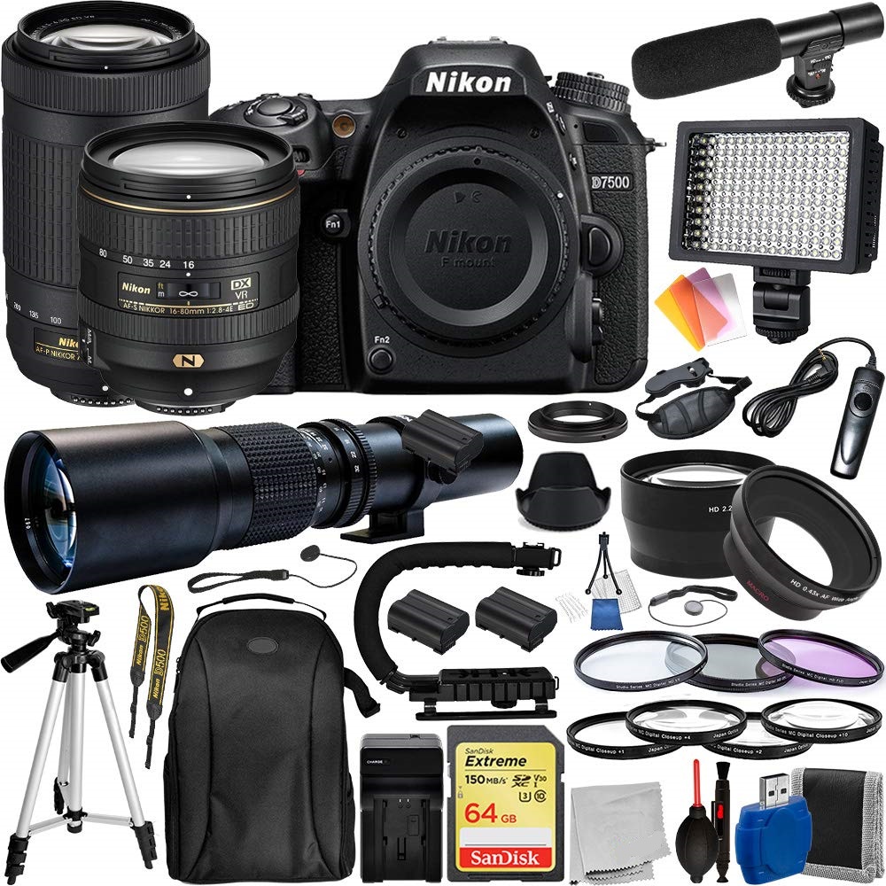 Nikon D7500 DSLR Camera - 1581 with Nikkor AF-S DX 16-80mm - 20055 & Nikkor AF-P DX 70-300mm - 20062 Lenses and Pro Accessory Bundle