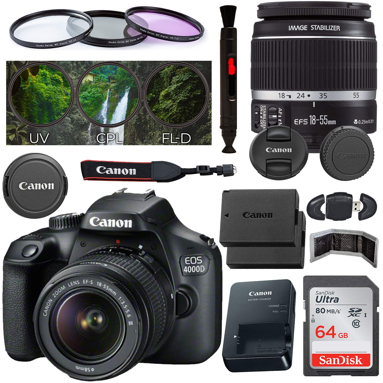Canon EOS 4000D DSLR Camera with EF-S 18-55mm f/3.5-5.6 III Lens - 2628C003 with Premium Accessory Bundle