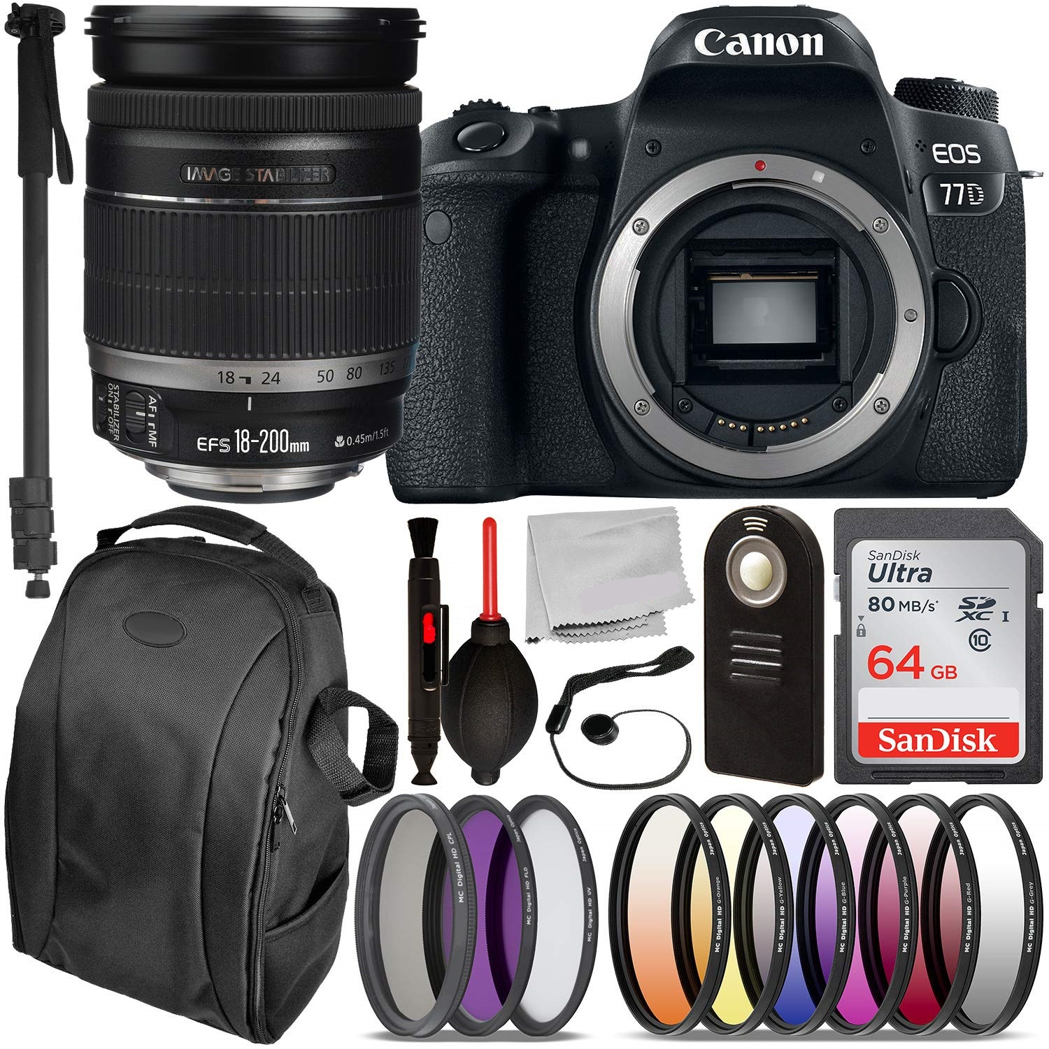 Canon EOS 77D DSLR Camera - 1892C001 with EF-S 18-200mm f/3.5-5.6 IS Lens - 2752B002 and Essential Accessory Bundle