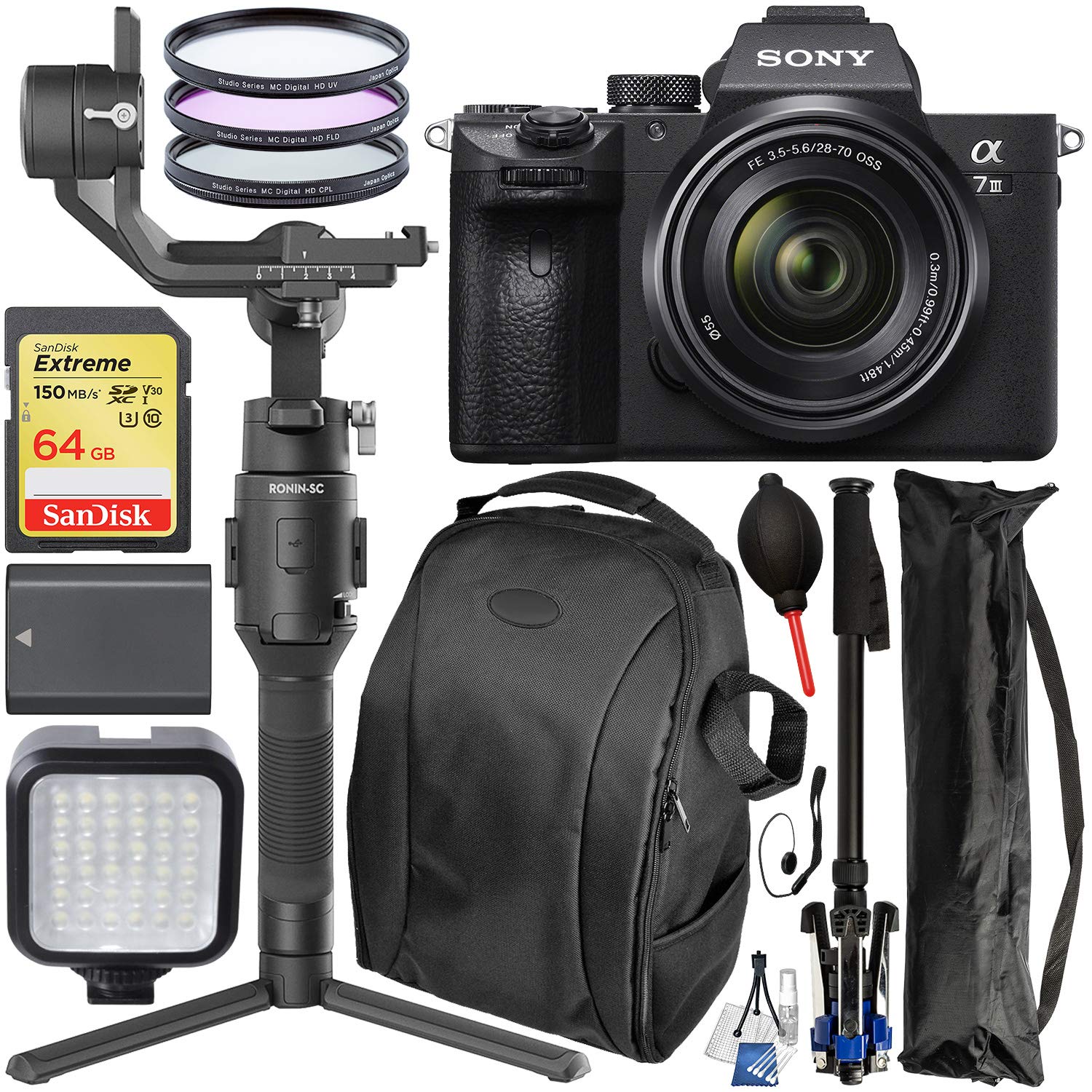 Sony Alpha a7 III Mirrorless Digital Camera with 28-70mm Lens - ILCE7M3K/B and DJI Ronin-SC Gimbal Stabilizer - CP.RN.00000040.01 and Essential Accessory Bundle