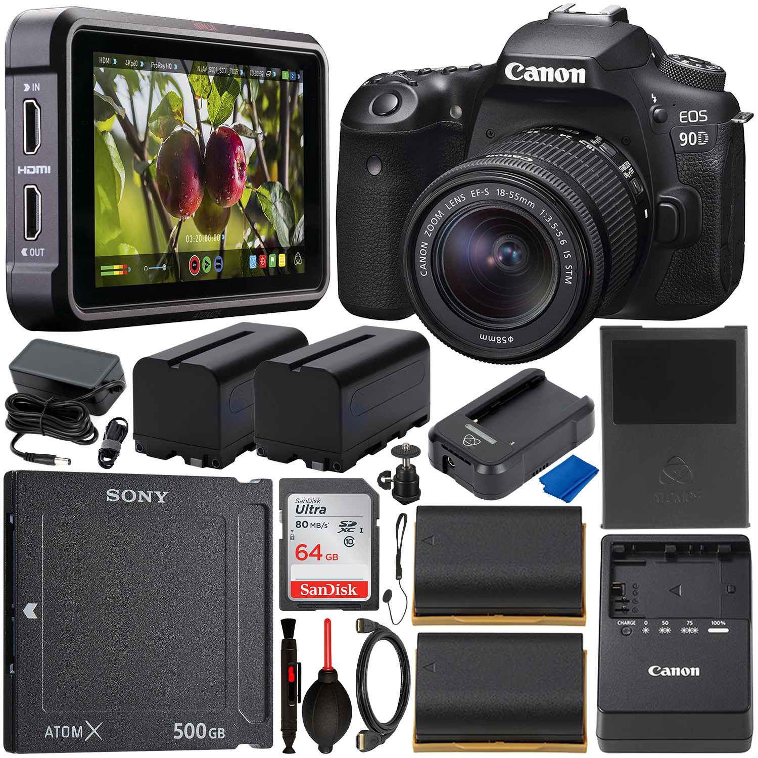 Canon EOS 90D DSLR Camera with 18-55mm Lens - 3616C009, Atomos Ninja V 5â? 4K HDMI Recording Monitor with Power Kit - ATOMNJAV01, Sony AtomX 500GB SSDmini - SV-MGS50/BT & Essential Accessory Bundle
