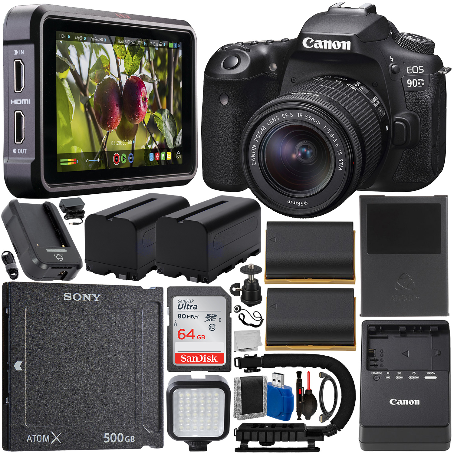 Canon EOS 90D DSLR Camera with 18-55mm Lens - 3616C009, Atomos Ninja V 5â? 4K HDMI Recording Monitor with Power Kit - ATOMNJAV01, Sony AtomX 500GB SSDmini - SV-MGS50/BT & Videographer Bundle