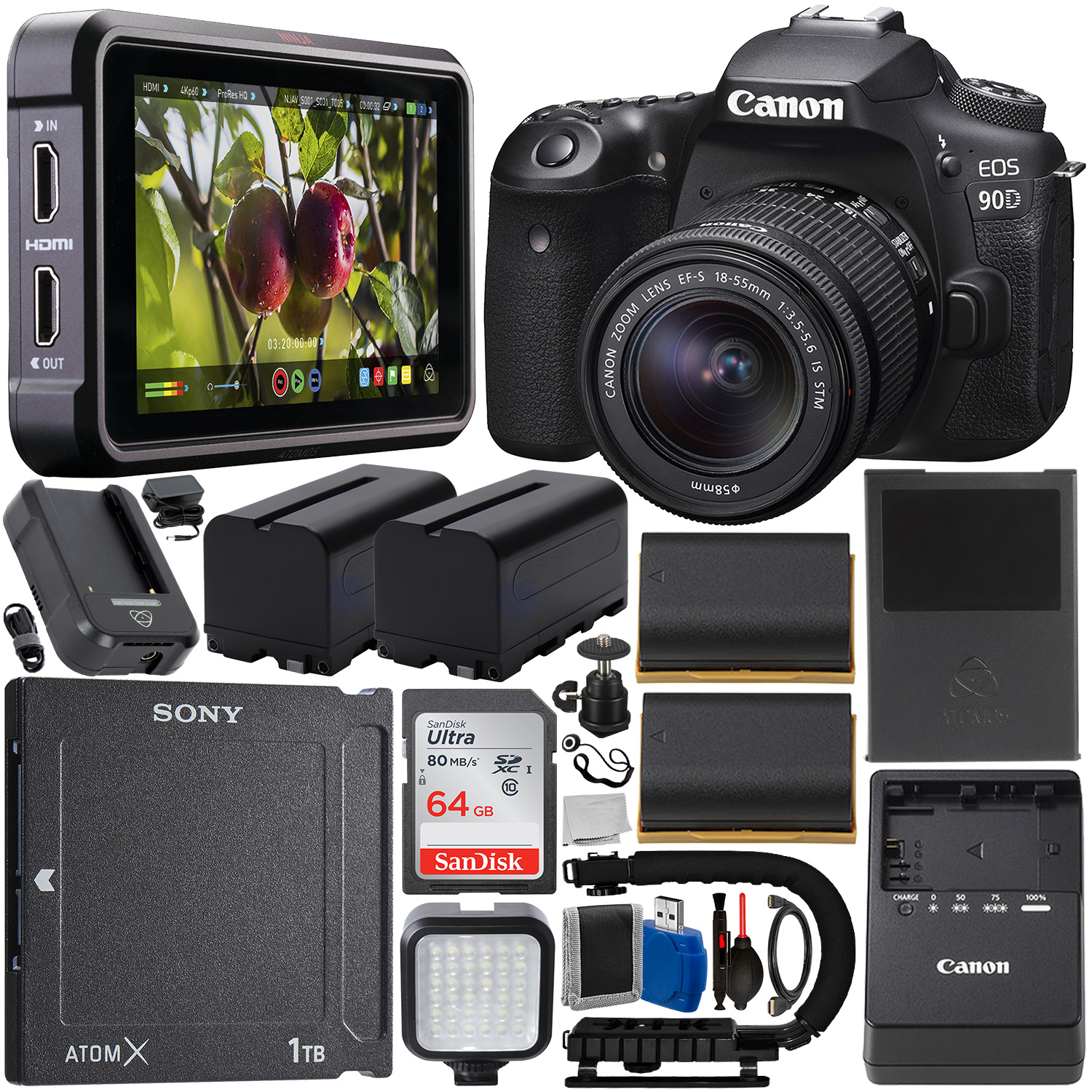 Canon EOS 90D DSLR Camera with 18-55mm Lens - 3616C009, Atomos Ninja V 5â? 4K HDMI Recording Monitor with Power Kit - ATOMNJAV01, Sony AtomX 1TB SSDmini - SV-MGS1T/BT & Videographer Bundle