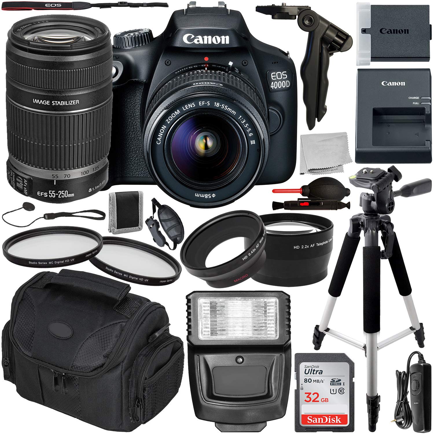 Canon EOS 4000D DSLR Camera with EF-S 18-55mm III Lens - 2628C003 & 55-250mm f/4-5.6 IS II Lens (Open Box) & Deluxe Accessory Bundle