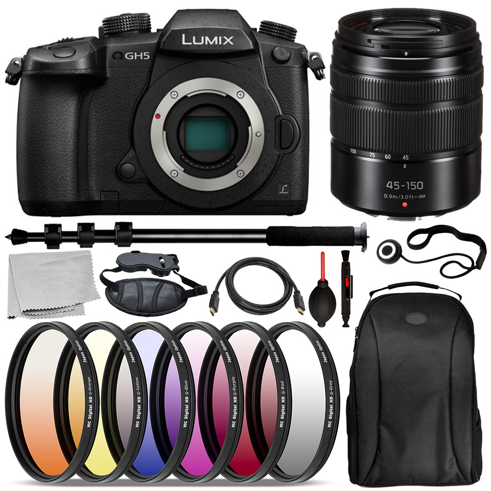 Panasonic Lumix DC-GH5 Mirrorless Micro Four Thirds Digital Camera (Body Only) - DC-GH5KBODY with Panasonic 45-150mm F/4-5.6 Lens - H-FS45150AK, and Deluxe Bundle