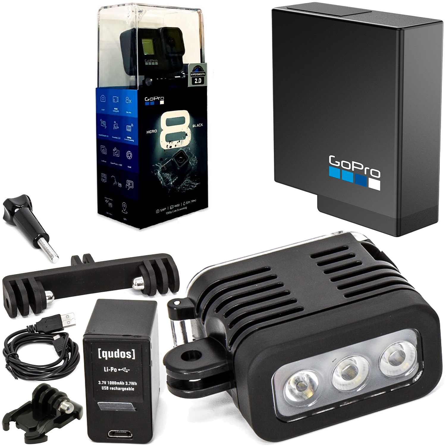 GoPro HERO8 Action Camera (Black) with Rechargeable Underwater LED Light Bundle