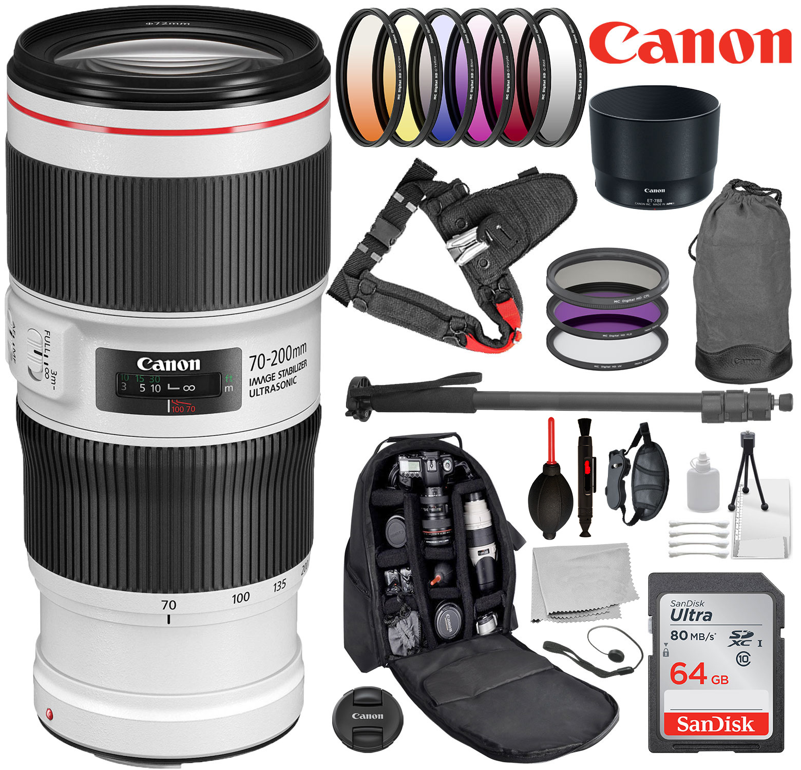 Canon EF 70-200mm f/4L IS II USM Lens - 2309C002 with 18pc Advanced Lens Bundle