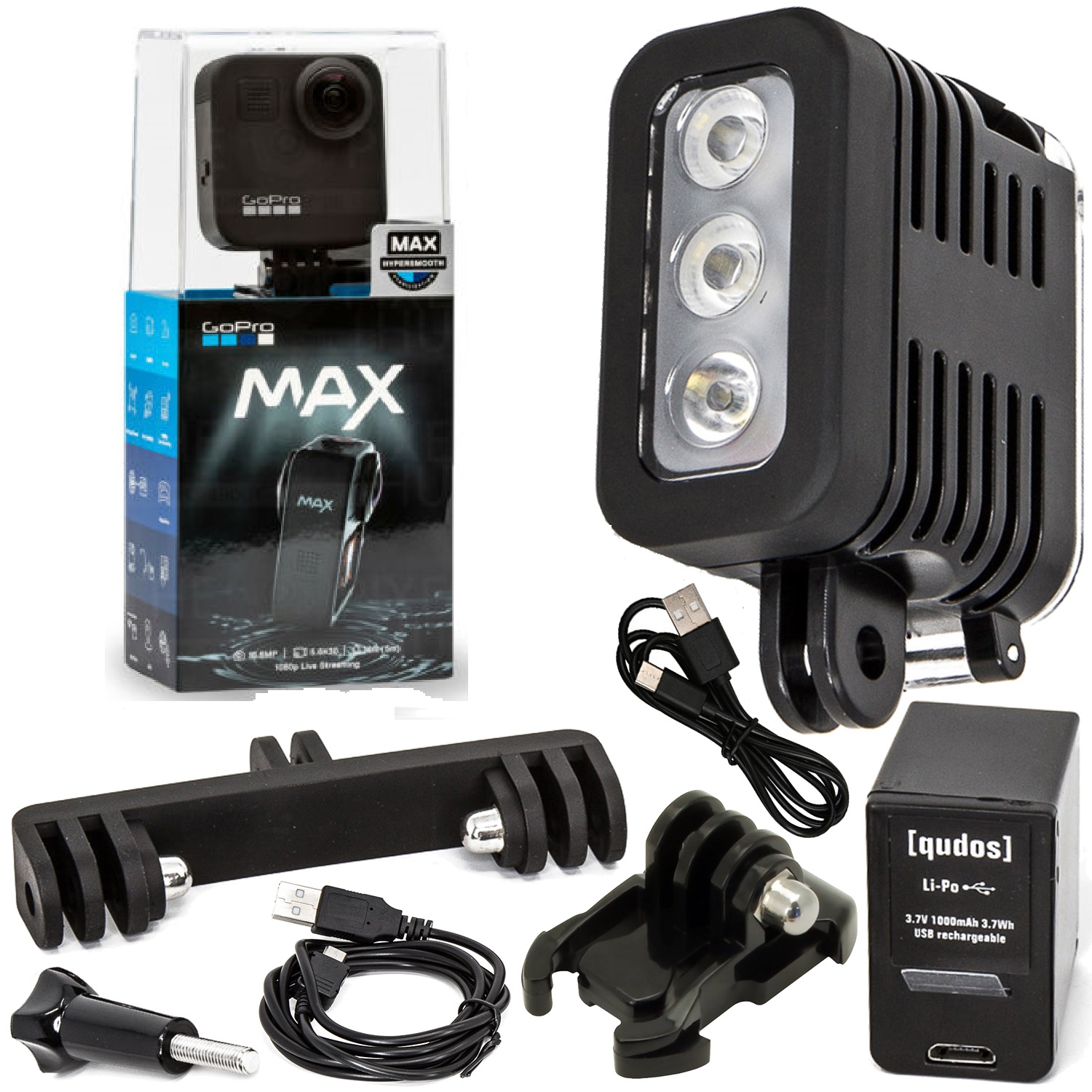 GoPro MAX 360 Action Camera - CHDHZ-201 and Rechargeable Underwater LED Light with Bracket & Buckle Mount