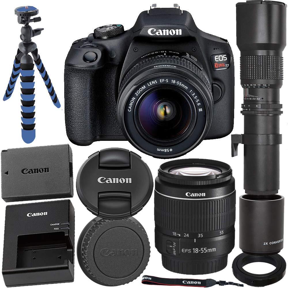 Canon EOS Rebel T7/2000D Digital SLR Camera with 18-55mm F/3.5-5.6 III Lens and Promotional Ultimaxx 500mm Lens with 2X Converter (1000mm) Bundle