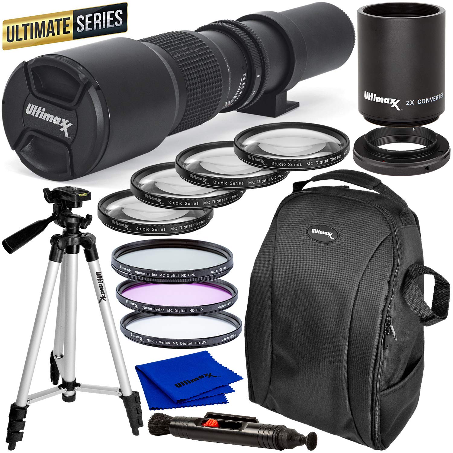 Ultimaxx High-Power 500mm/1000mm f/8 Manual Lens for Nikon F-Mount SLR/DSLR Cameras and Accessory Bundle