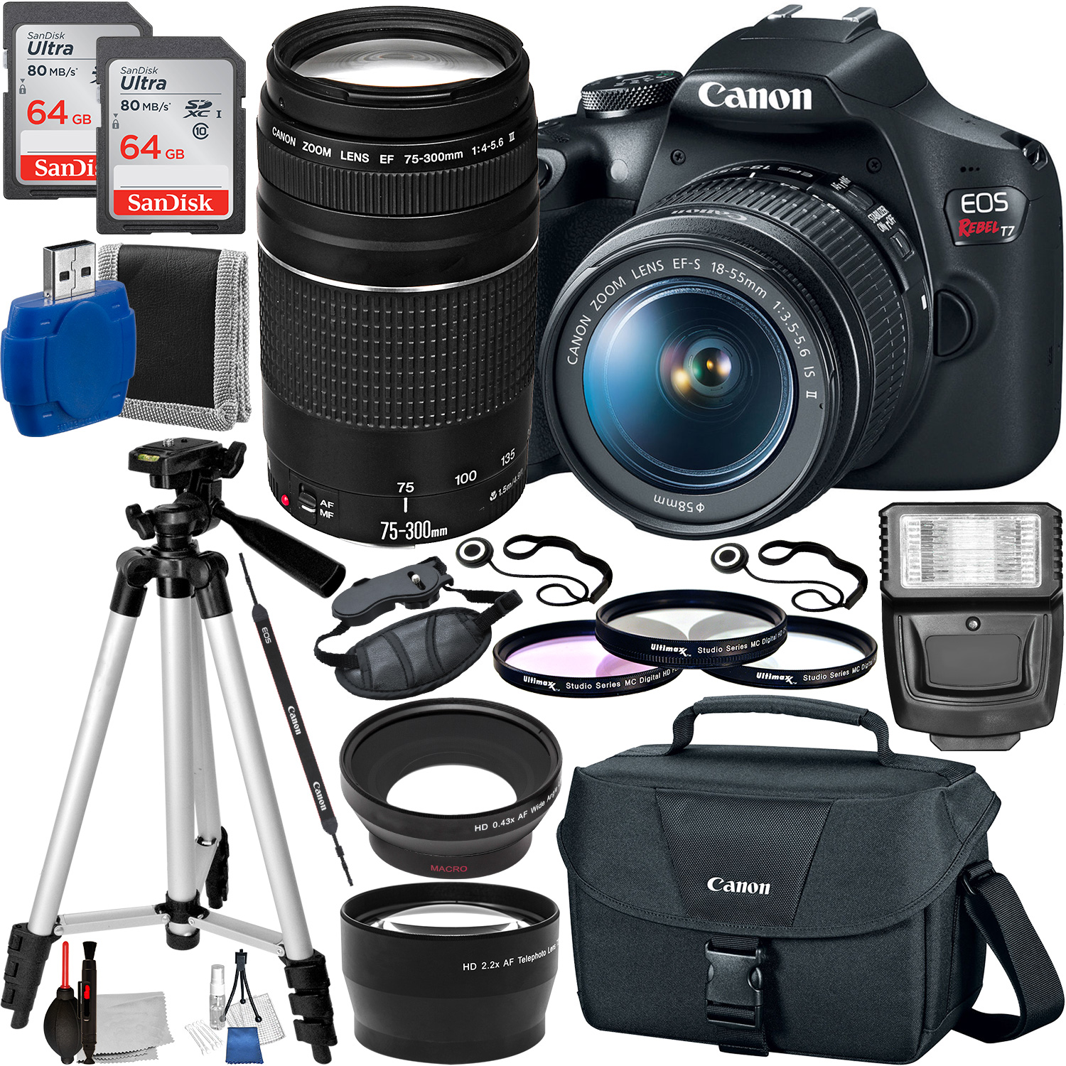 Canon EOS Rebel T7 DSLR Camera with 18-55mm and 75-300mm Lenses - 2727C021 Advanced Accessory Bundle