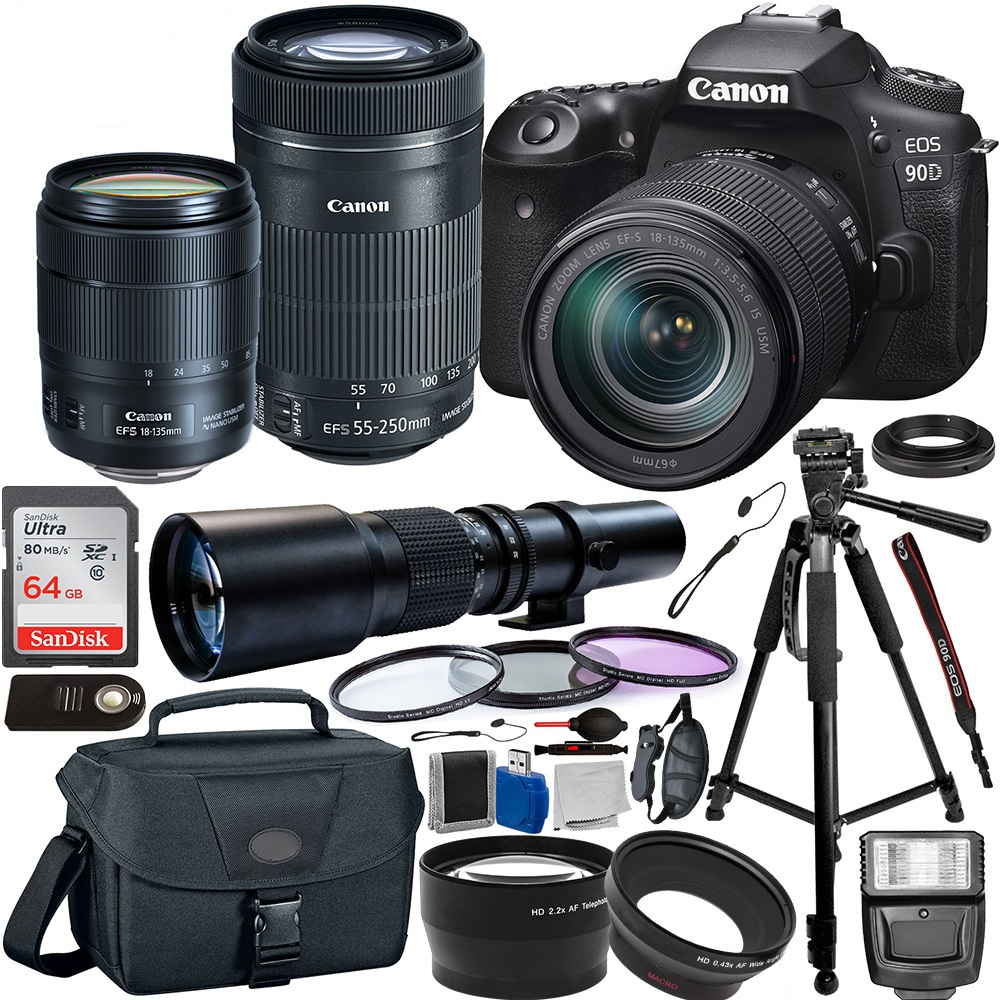 Canon EOS 90D DSLR Camera with 18-135mm IS USM - 3616C016, 55-250mm - 8546B002 & 500mm Lenses with T-Mount Adapter Professional Bundle