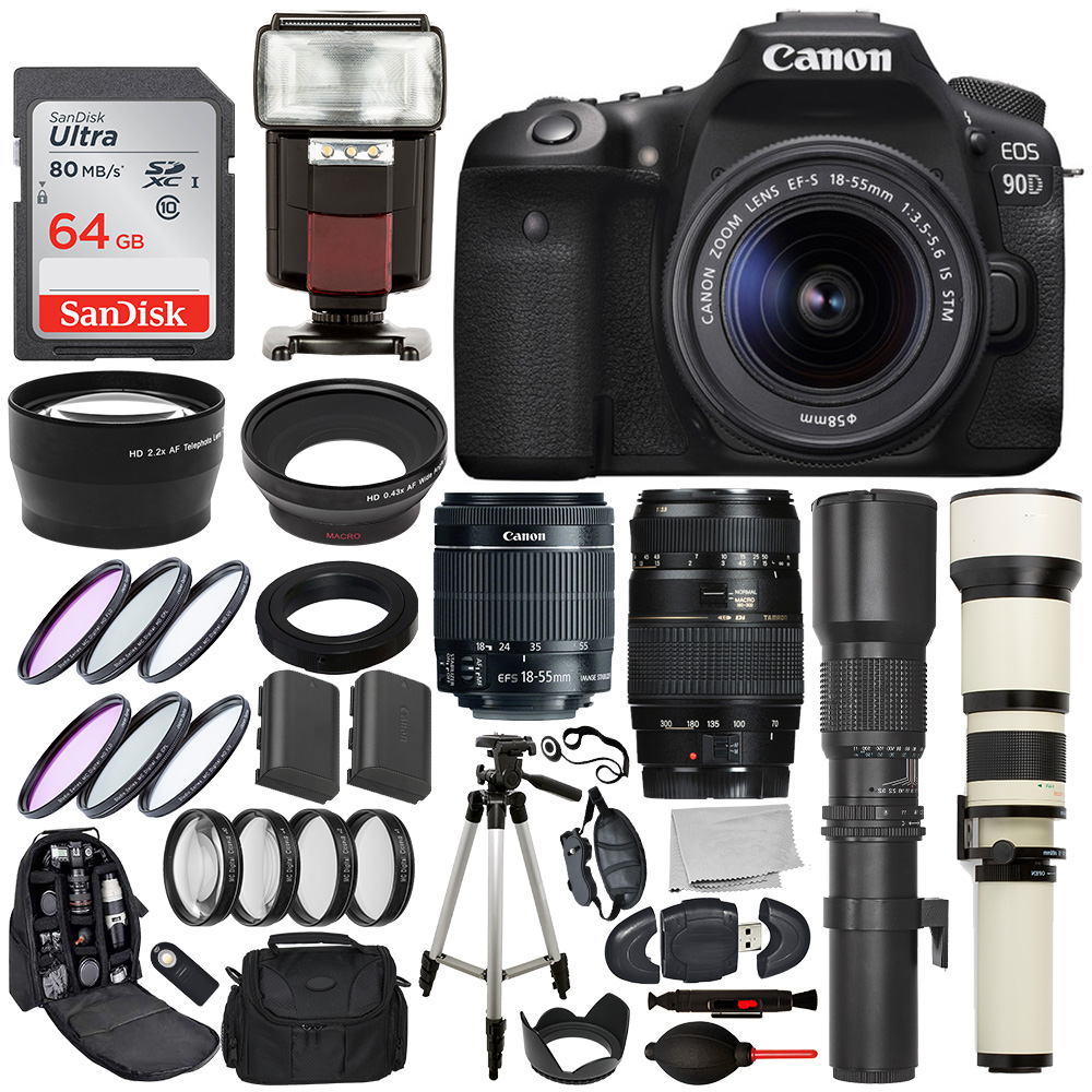 Canon EOS 90D DSLR Camera - 3616C002 with EF-S 18-55mm - 1620C002, canon 75-300mm lens, 500mm & 650-1300mm Telephoto Preset Lens and Accessory Kit